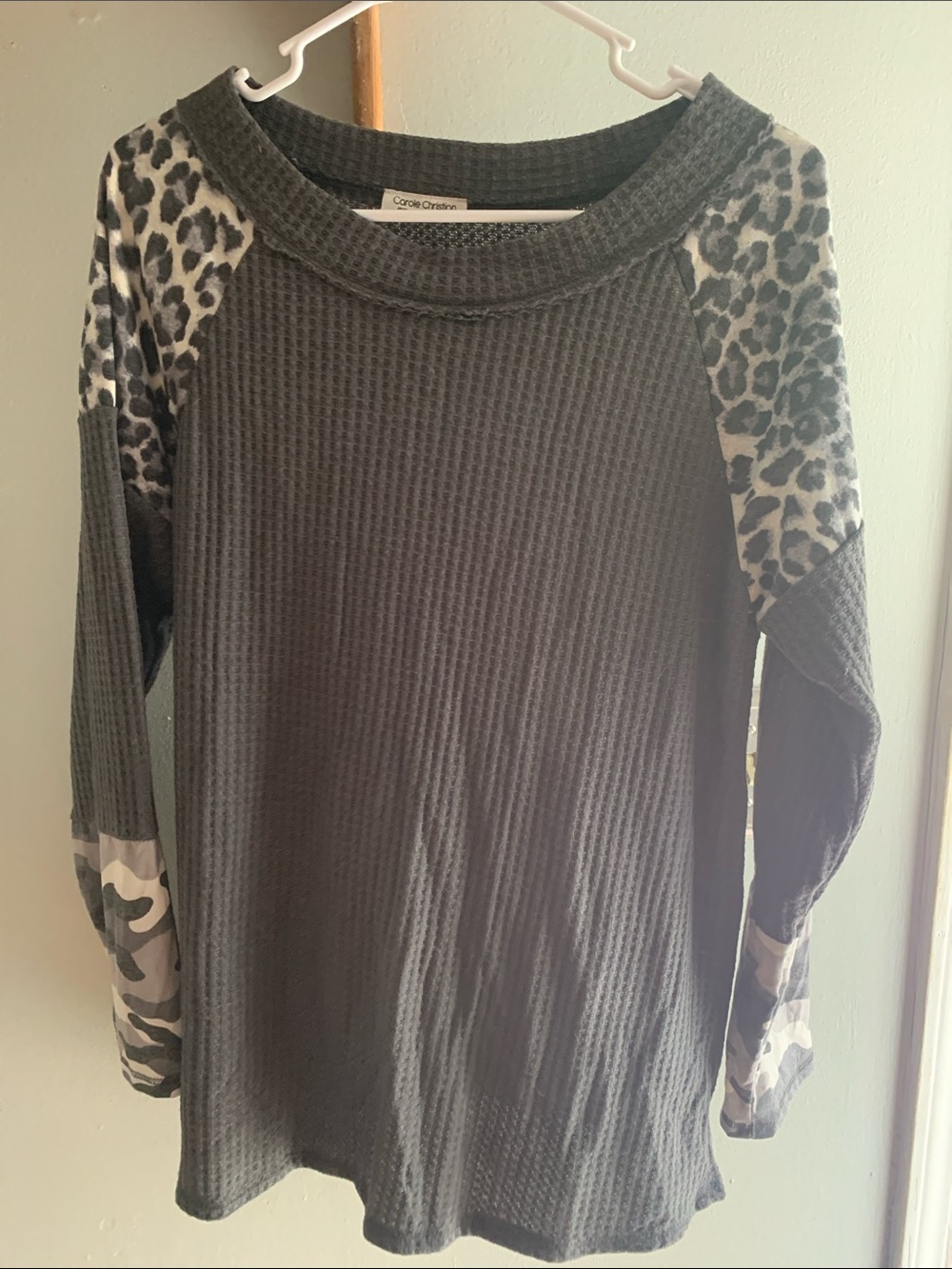 Olive Green Waffle Knit Top with Leopard & Camo Accents